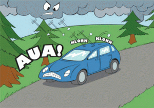 Hagelschaden aus dem Dellenteam-Comic. Auf dem Bild ist ein blaues Auto, das gerade von Hagelkörnern getroffen wird.